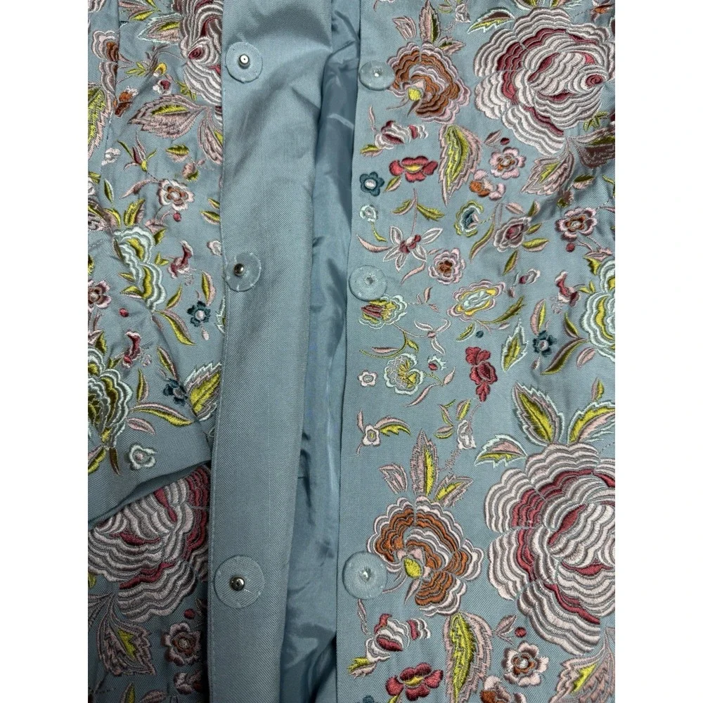 Johnny Was Biya 100% Silk Longline Floral Embroidered Coat Blue Vintage Small